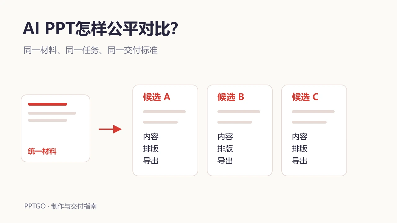 一份相同材料分别输入候选工具，再比较内容、排版和导出