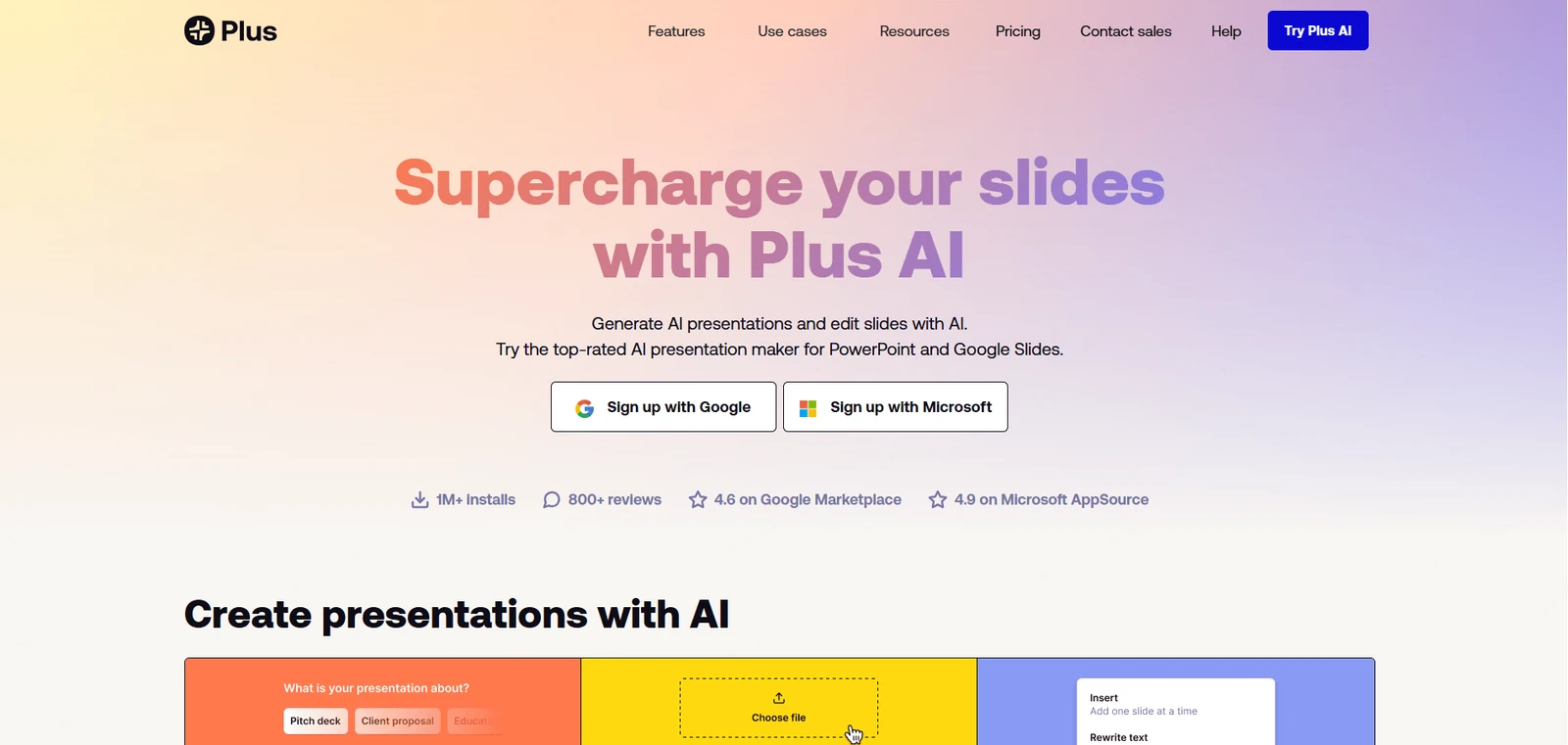 Plus AI 官网展示的 PowerPoint 与 Google Slides 使用入口