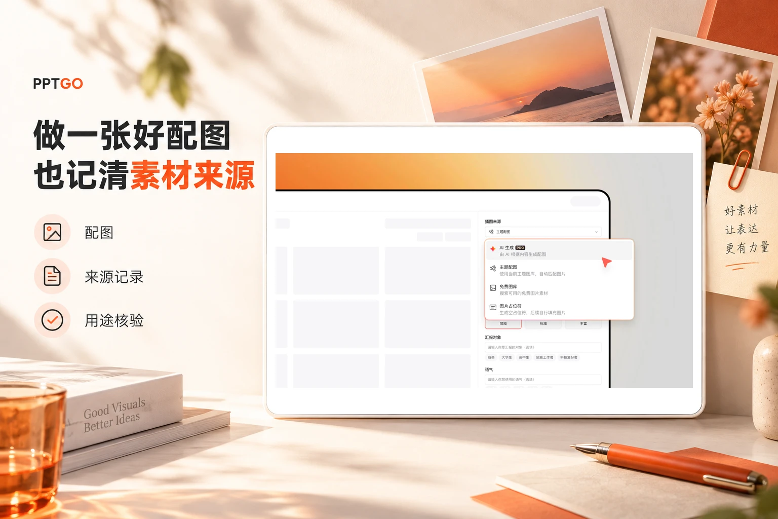 PPTGO生成设置中的插图来源选项与素材来源记录、用途核验提示