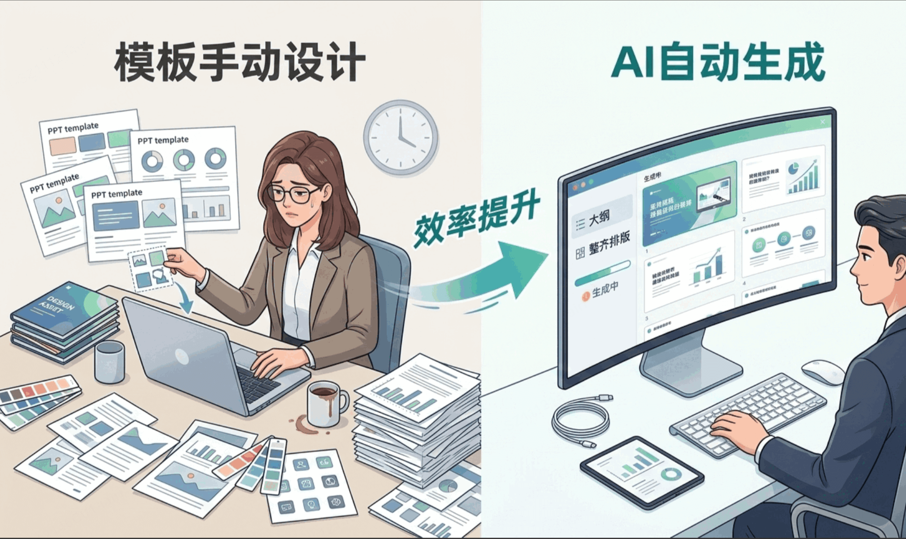 模板手动设计 VS AI自动生成PPT