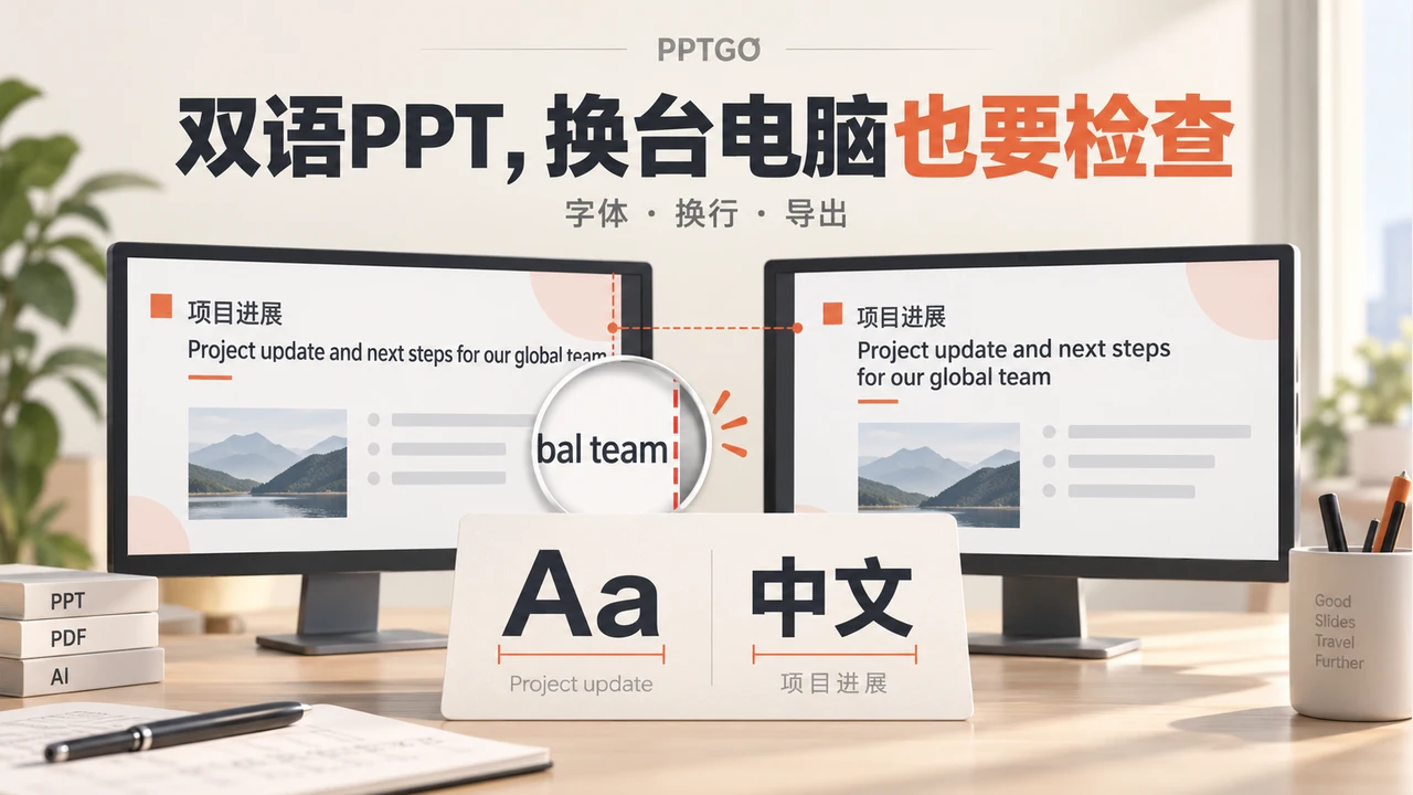 双语PPT在两个显示环境中对比长英文标题越界与分行后的效果