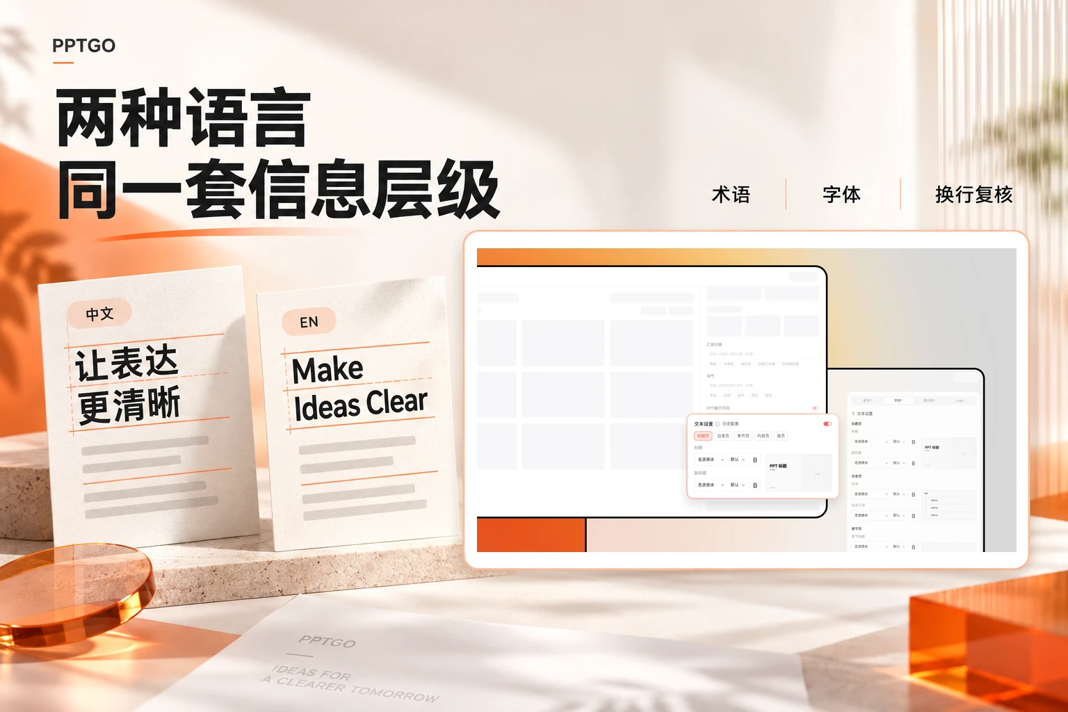 PPTGO生成前的字体与页面文字样式设置,配合双语术语和换行复核示意