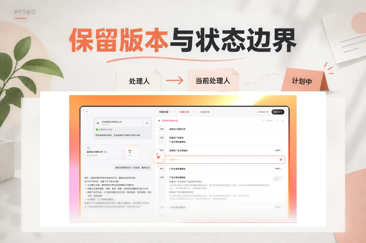 博思AIPPT大纲整理界面旁对照旧新字段，并区分计划内容
