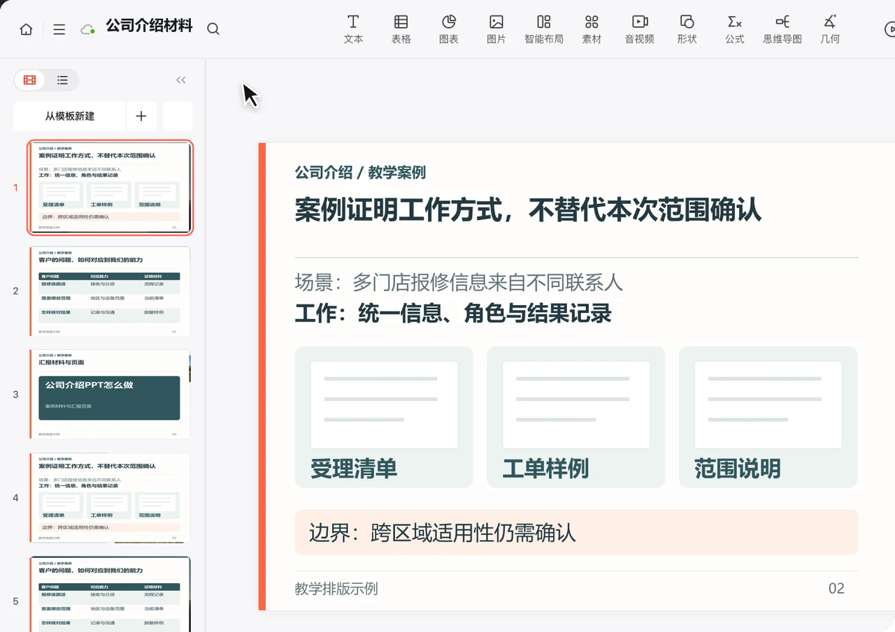 公司案例页展示工作产物并标明不宜直接类比的条件
