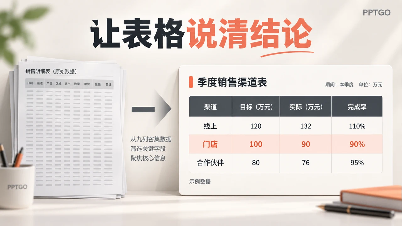 销售明细表精简为渠道、目标、实际和完成率四列,并突出门店渠道的90%完成率