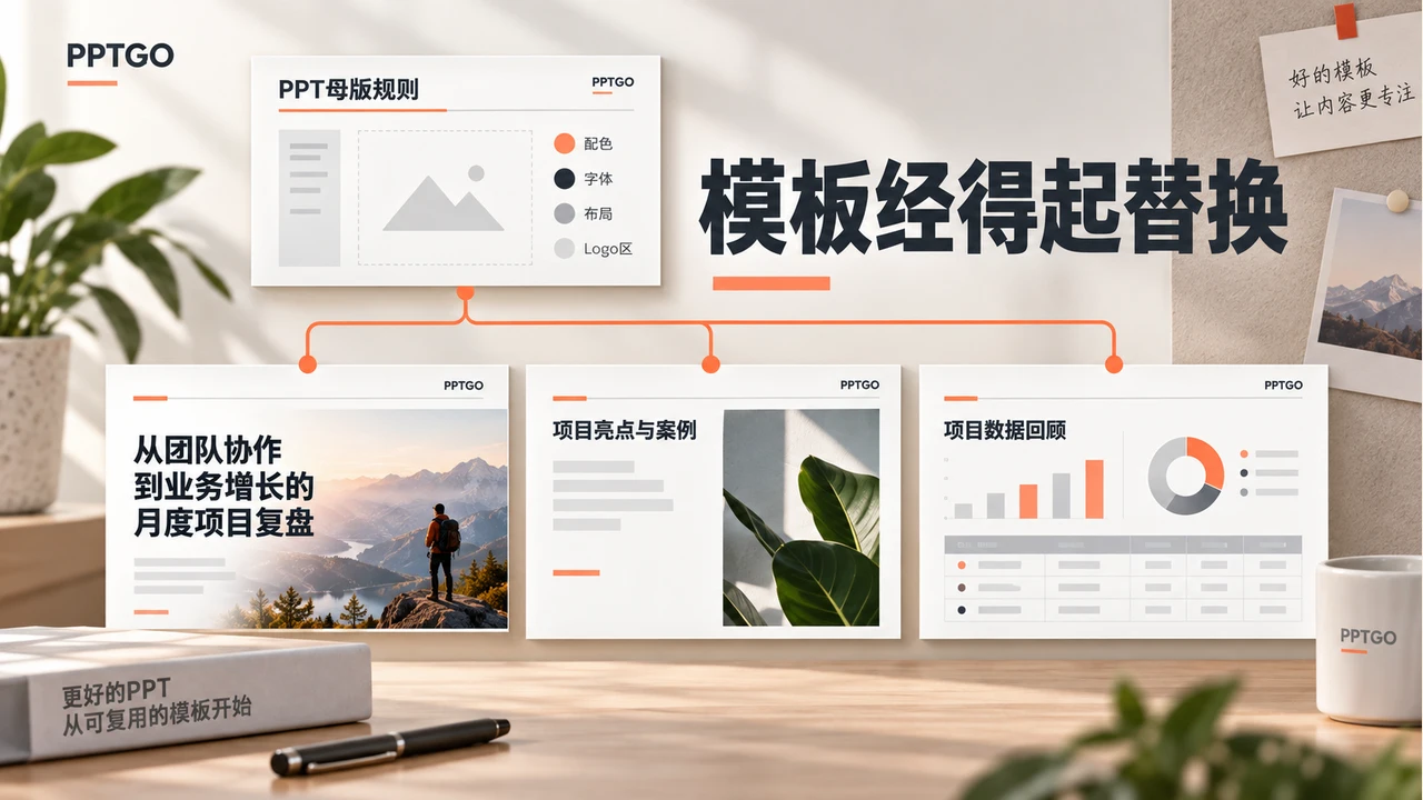 PPT母版的配色、字体和布局规则应用到长标题、图文及数据页面