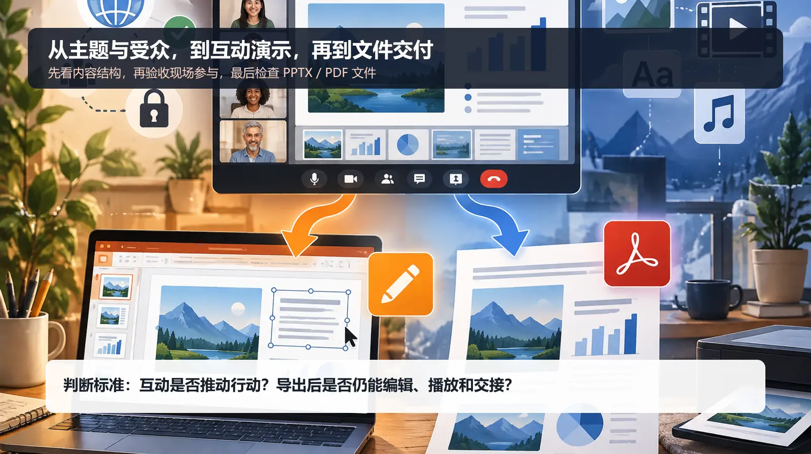 Decktopus AI评估中的输入材料、互动演示和最终文件交付示意图
