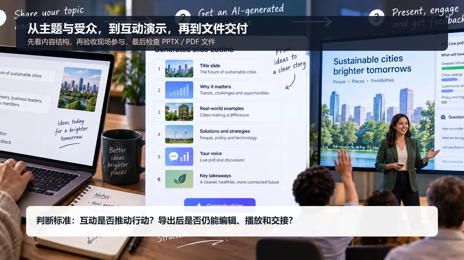 Decktopus AI从主题受众到互动演示和交付的产品流程示意图