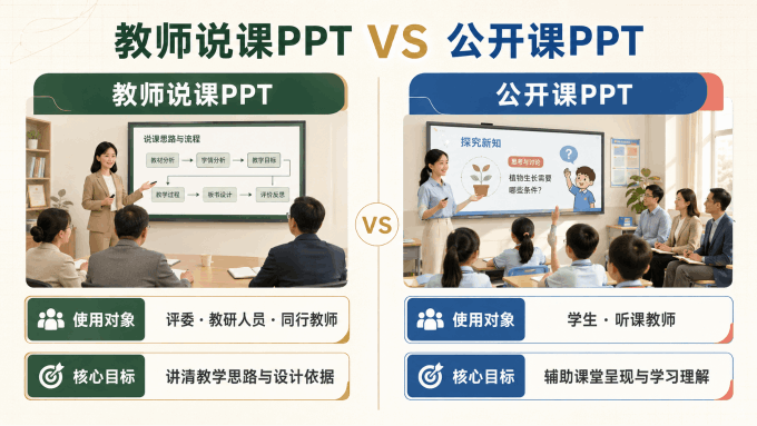 教师说课PPT与公开课PPT的使用对象及核心目标对比