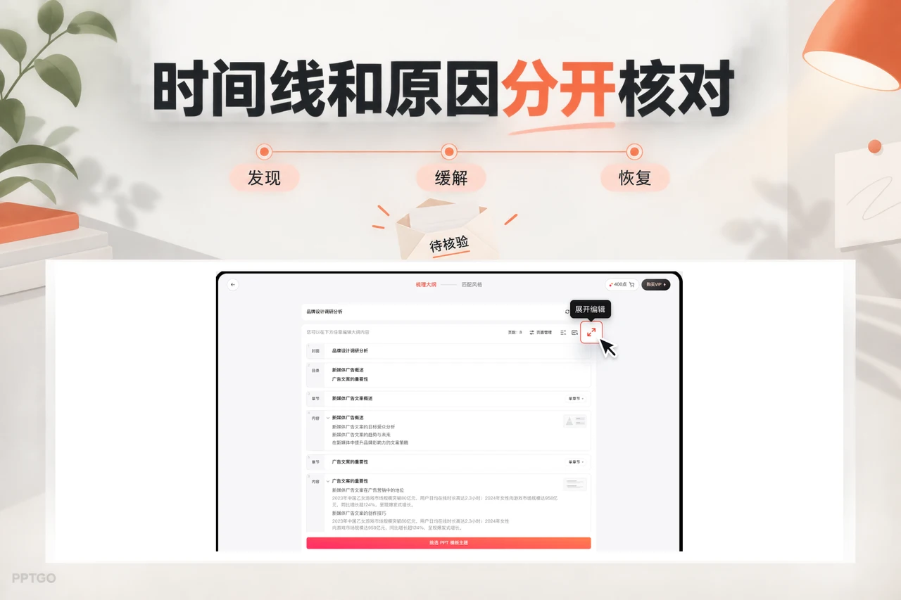 博思AIPPT大纲编辑示例旁区分事件时间线与待核验原因