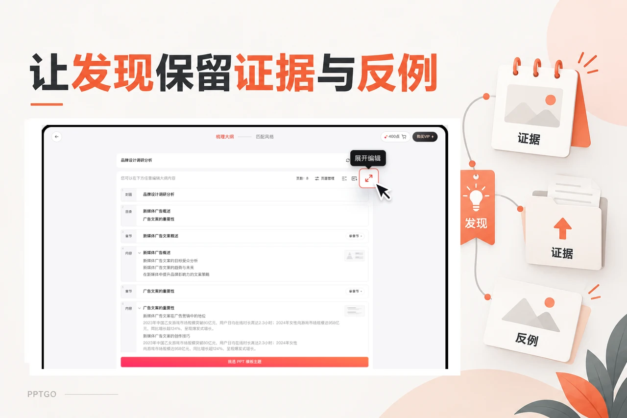 博思AIPPT大纲编辑示例与访谈证据、发现和反例的整理关系