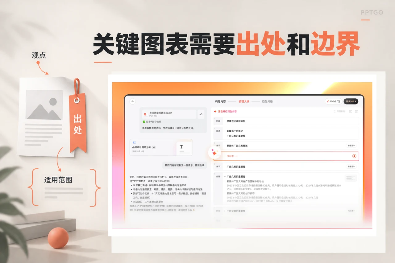 博思AIPPT文档大纲示例旁保留图表出处与适用范围