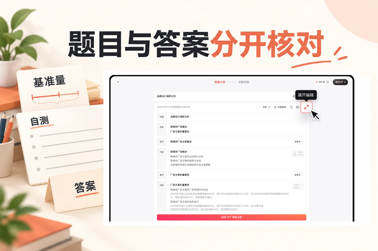 博思AIPPT大纲编辑界面旁分开安排基准量讲解、自测和答案