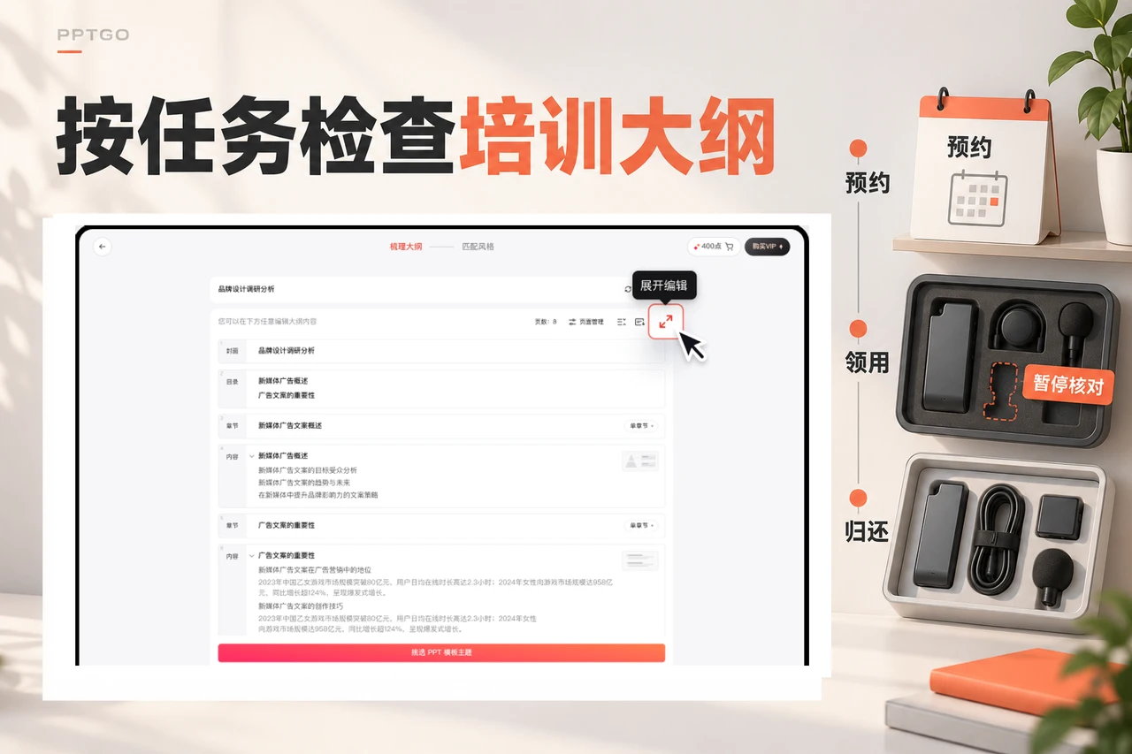 博思AIPPT大纲编辑界面旁标出预约、领用和归还的培训任务