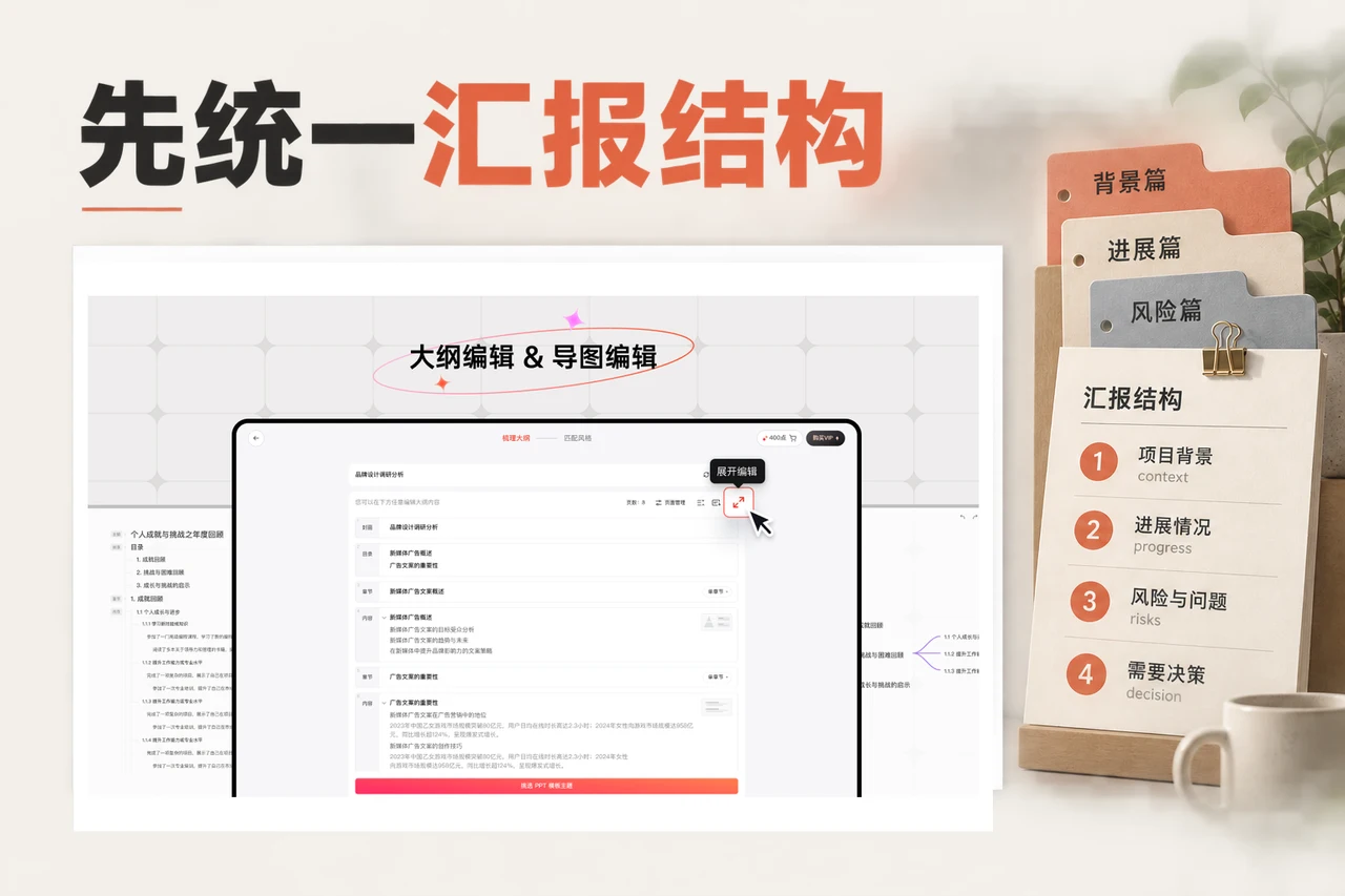 博思AIPPT品牌调研大纲编辑界面与部门合稿章节排序
