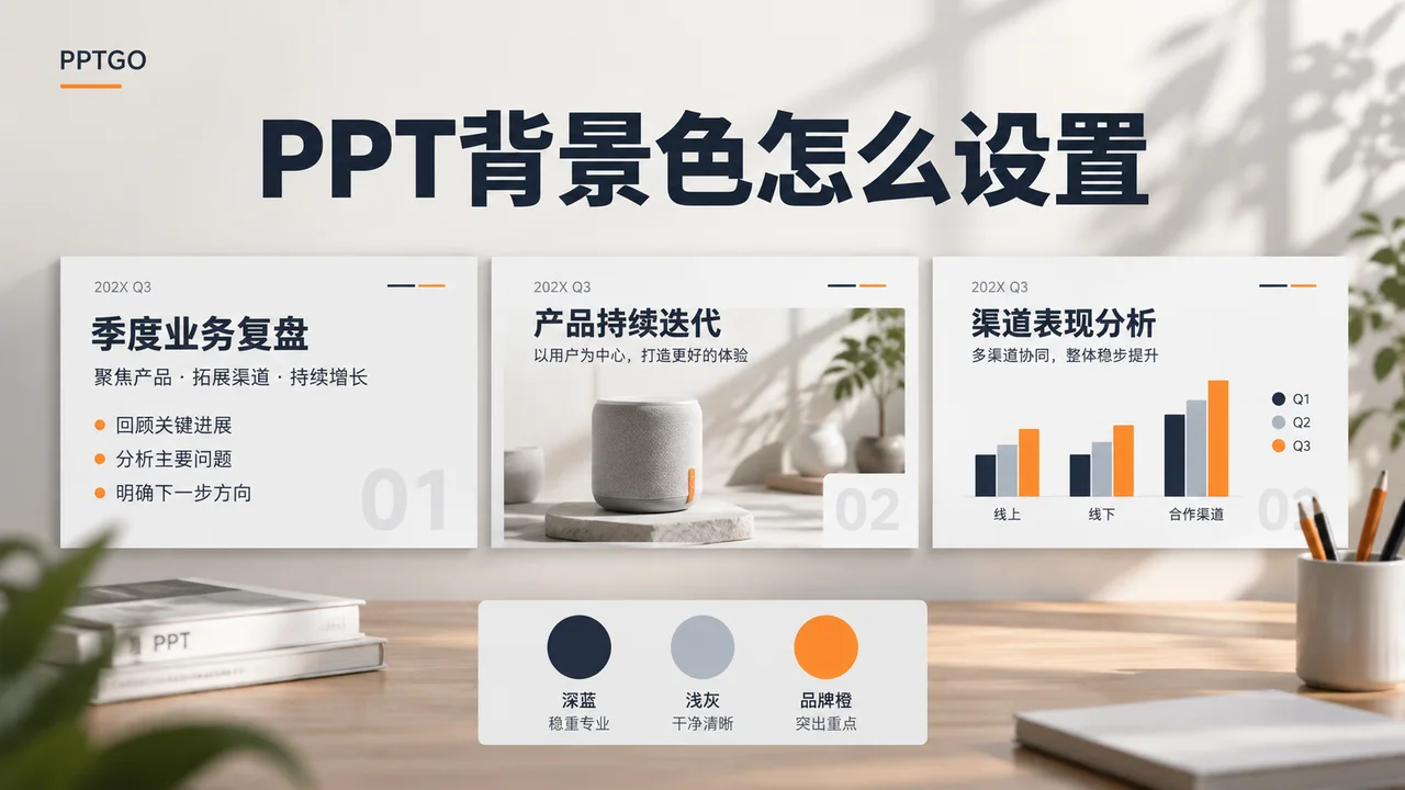 文字页、图文页和数据页统一使用浅灰背景、深蓝正文与橙色重点色