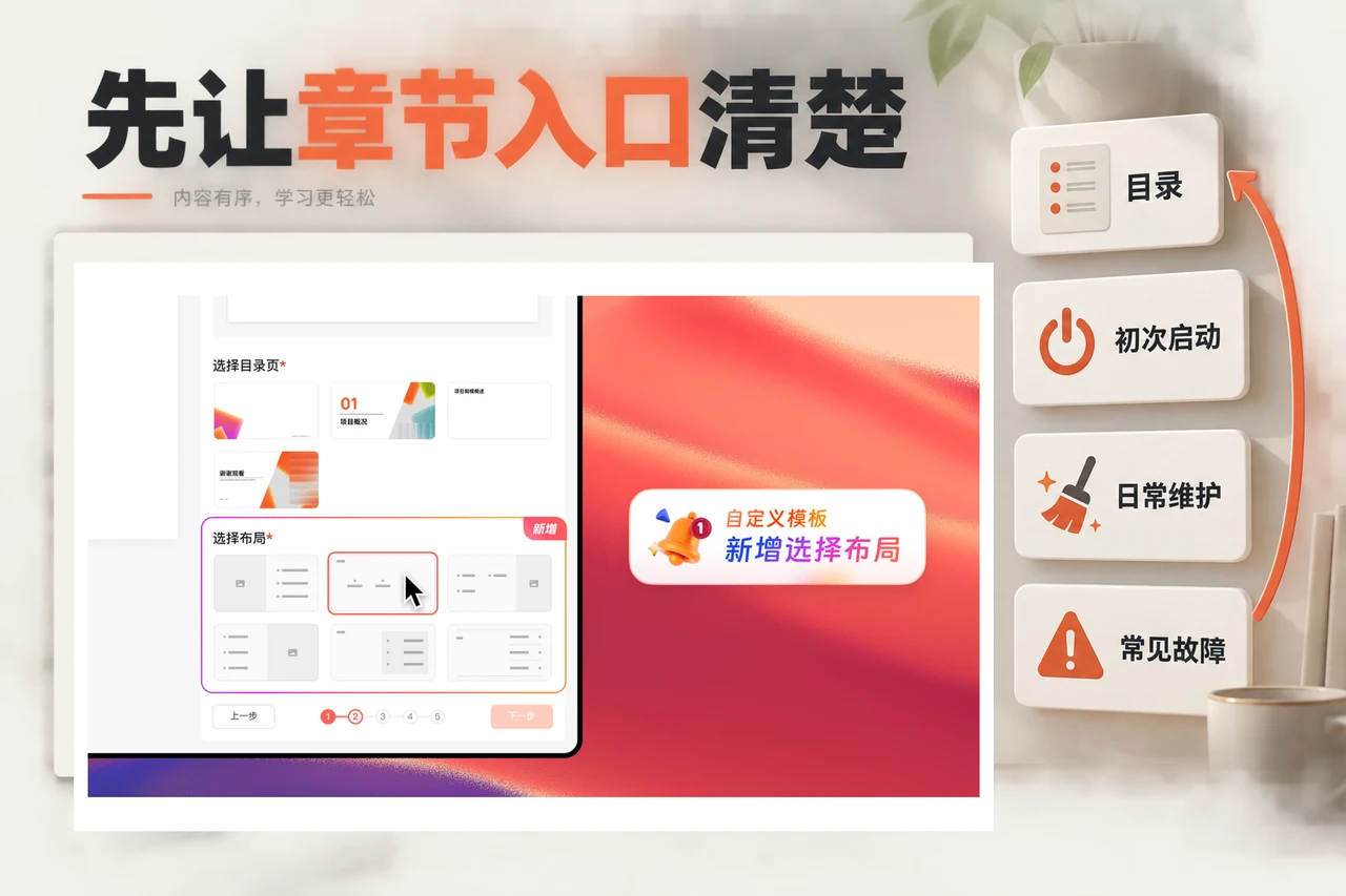 博思AIPPT目录布局选择界面与培训章节入口、返回路径规划