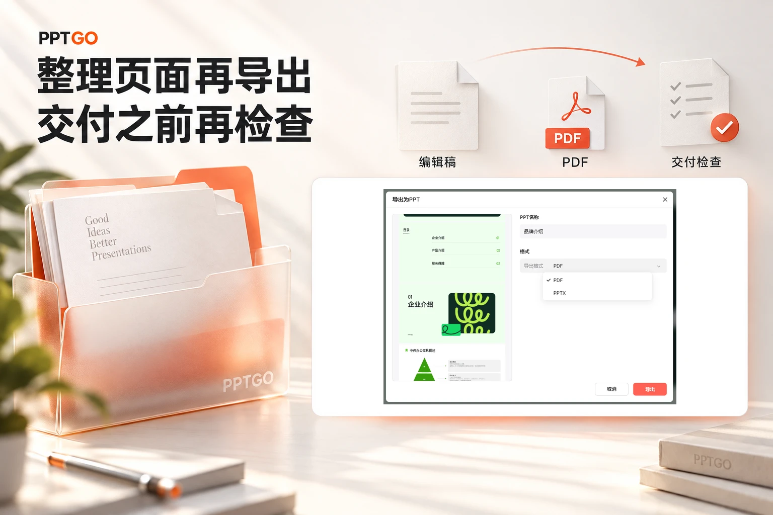 PPTGO导出菜单与编辑稿、PDF和交付检查