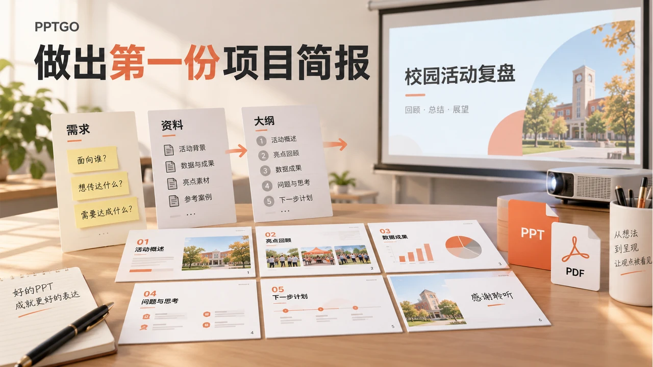 从需求、资料和大纲整理到六页项目简报与PPT、PDF交付的制作流程