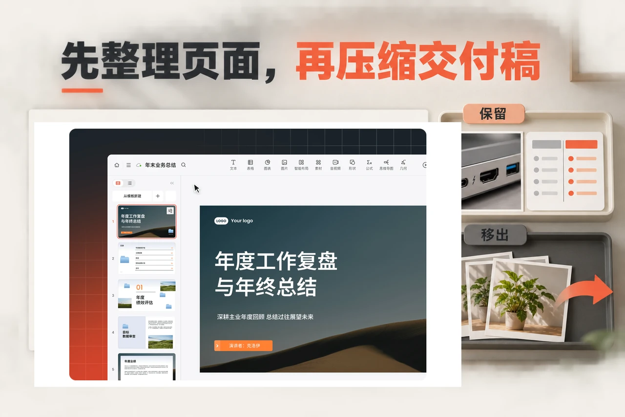 博思AIPPT年度总结编辑界面旁,保留清晰细节图和对比内容,移出重复装饰照片