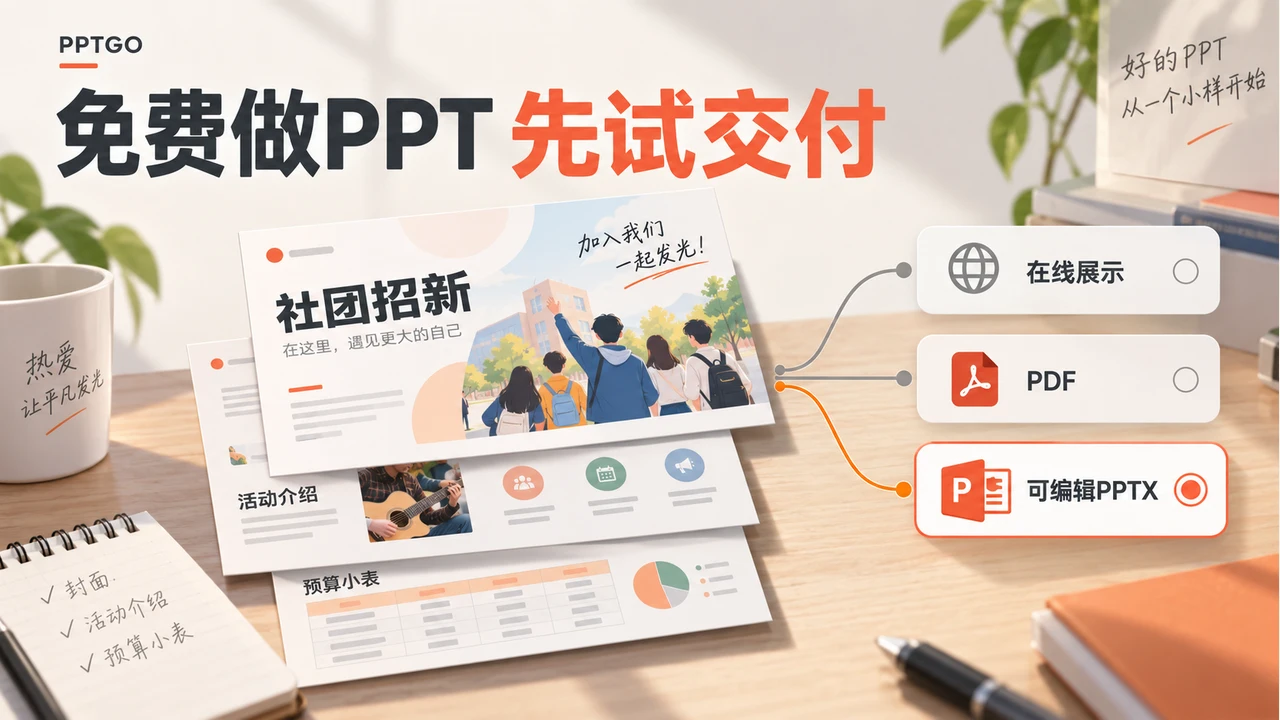 社团招新三页PPT小样，对照在线展示、PDF和可编辑PPTX三种交付方式
