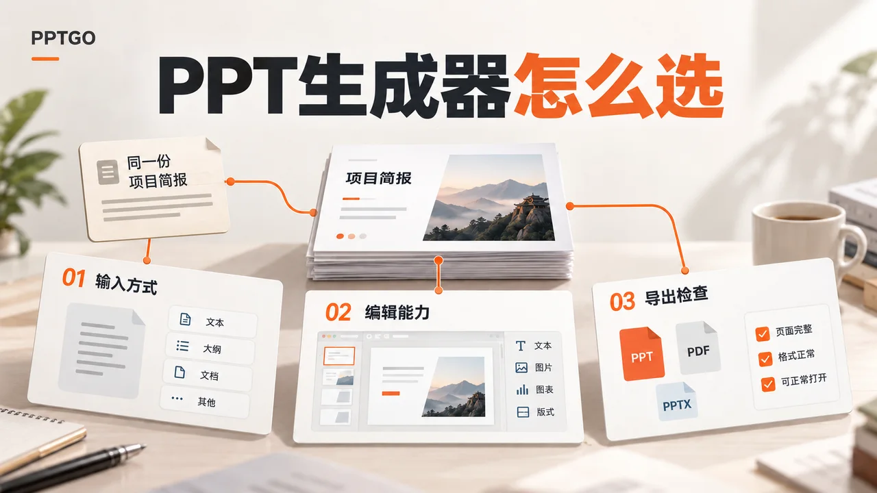 PPT生成器选型的三项比较：输入方式、编辑能力和导出检查