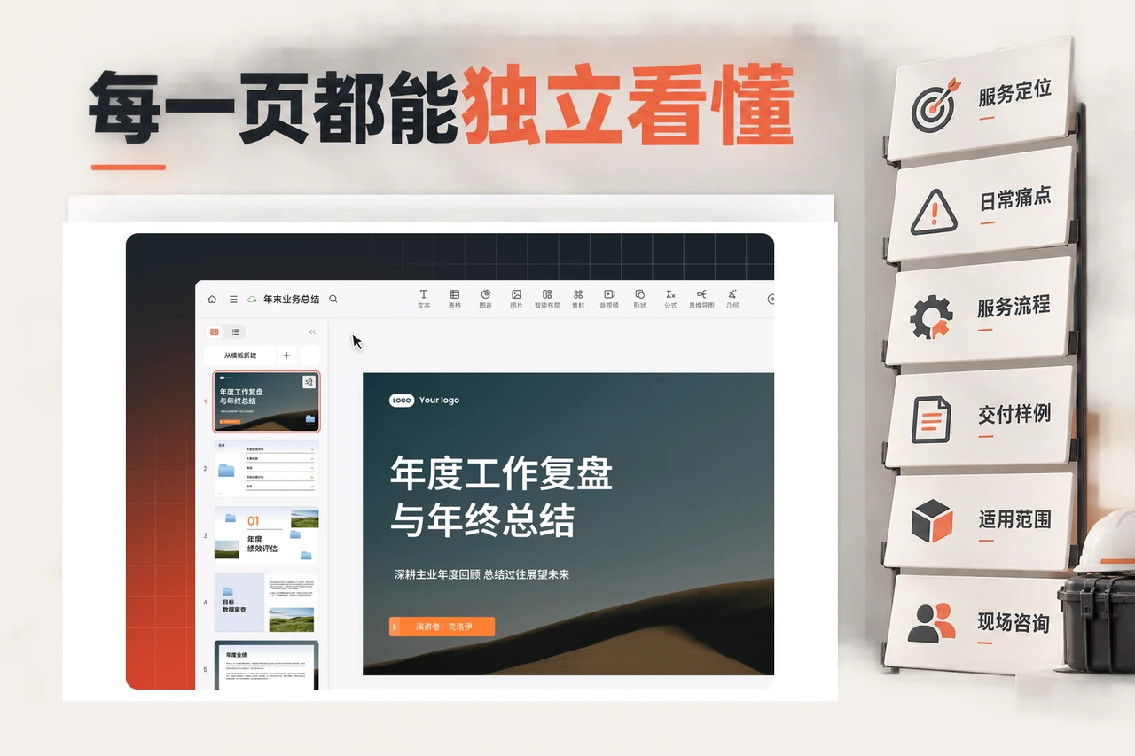 博思AIPPT年度总结编辑界面旁安排独立可读的展位信息页