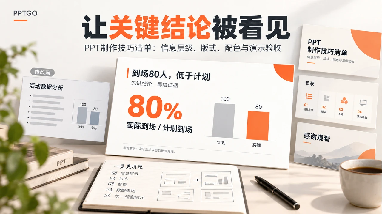 PPT数据页修改前后对照，突出实际到场80人、计划100人和80%到场率