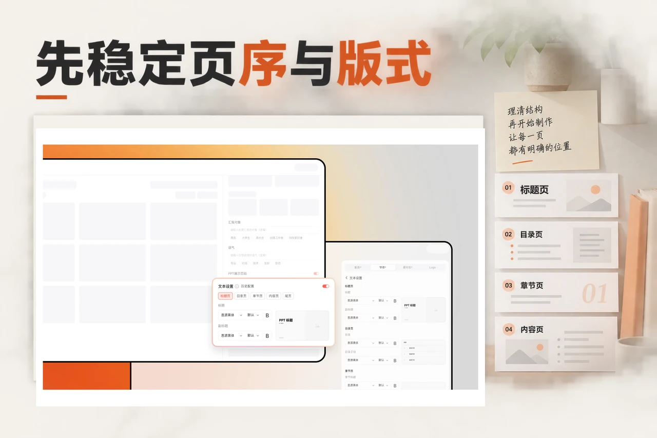 博思AIPPT页面类型与文本设置面板,旁侧整理页序和页脚留白