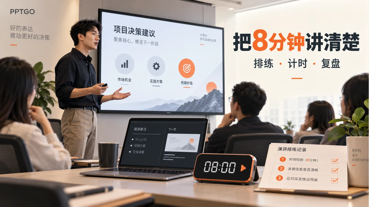 演讲者使用双屏和8分钟计时器排练项目汇报，旁边放置排练记录表