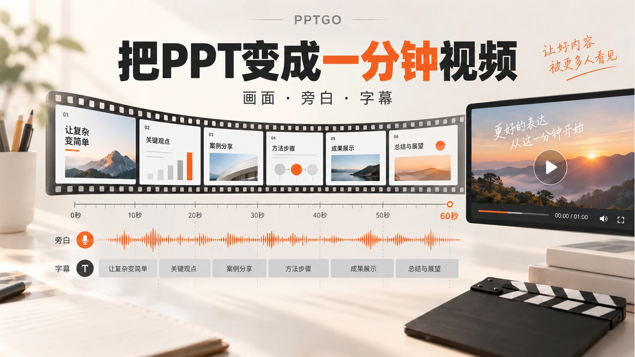 六页PPT沿60秒时间轴排列，画面下方对应旁白波形和字幕条