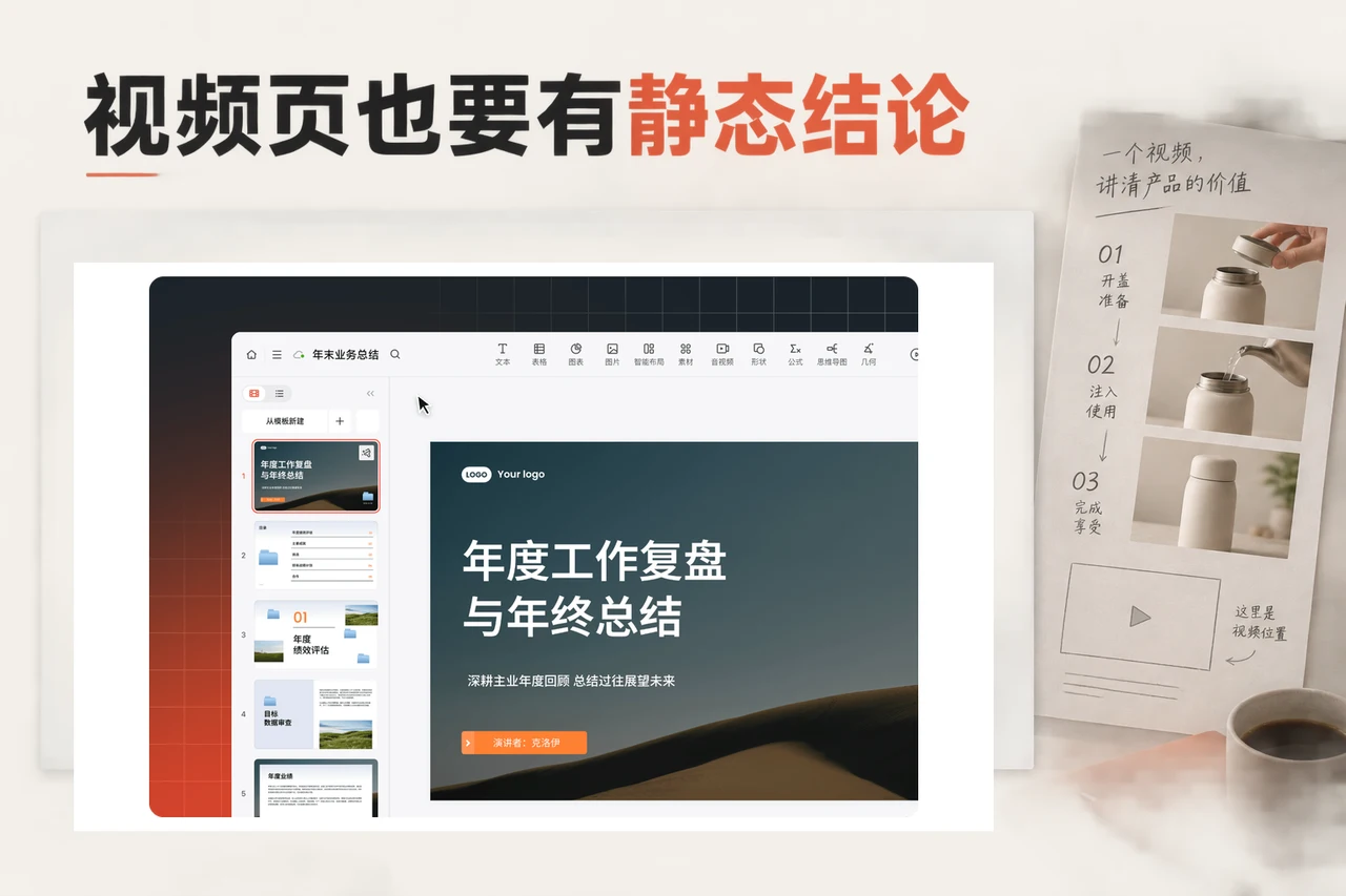 博思AIPPT年度总结编辑界面旁安排产品演示的三幅关键帧