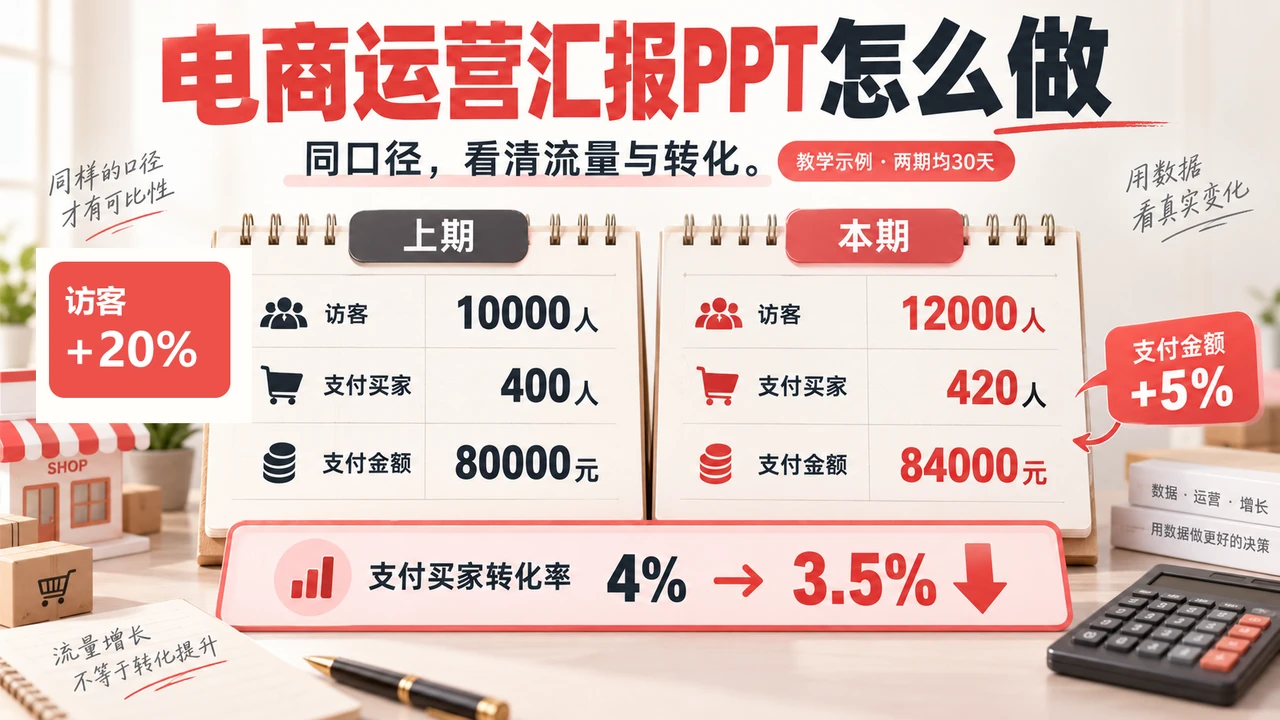 同口径两期教学数据中访客增长20%、支付金额增长5%,支付买家转化率从4%降到3.5%