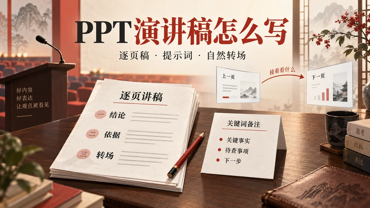 PPT演讲稿以逐页完整句、关键词备注和页间转场配合讲述