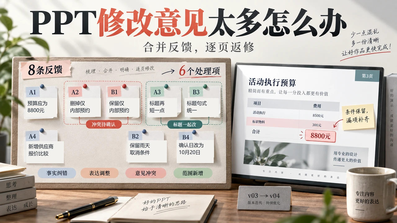 把8条PPT反馈分类合并为6个处理项,再逐页返修