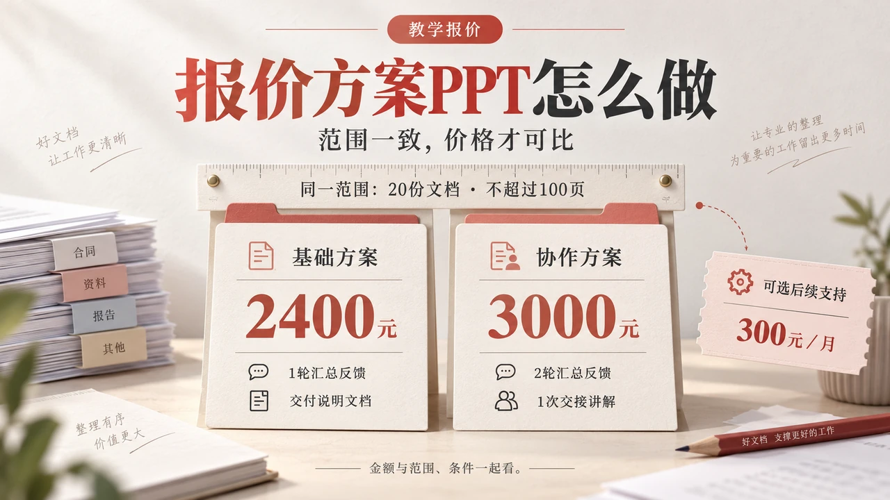 文档整理服务教学报价对照2400元基础方案与3000元协作方案，并单列可选月支持