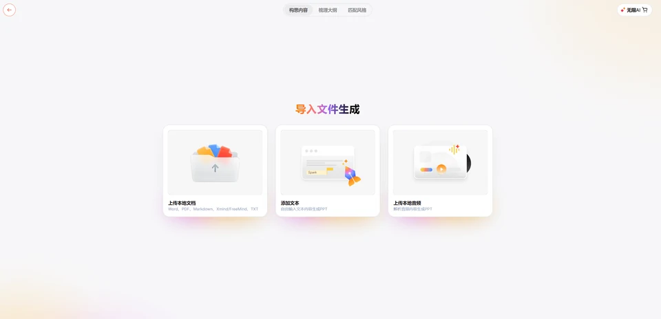 博思AIPPT导入入口中的本地文档、添加文本和上传音频选项
