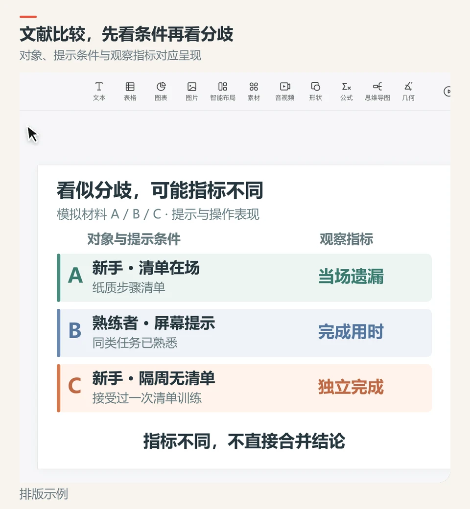 在PPTGO中按研究主题编排文献综述,比较对象、提示条件与观察指标