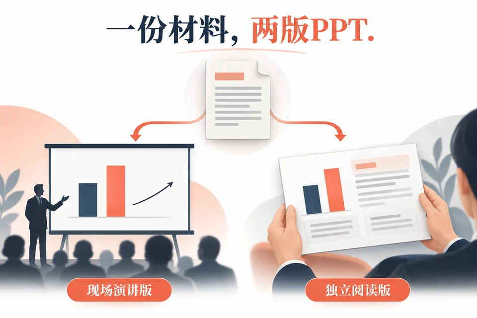 同一份事实材料分为现场演讲版和会后阅读版PPT，两版信息密度不同