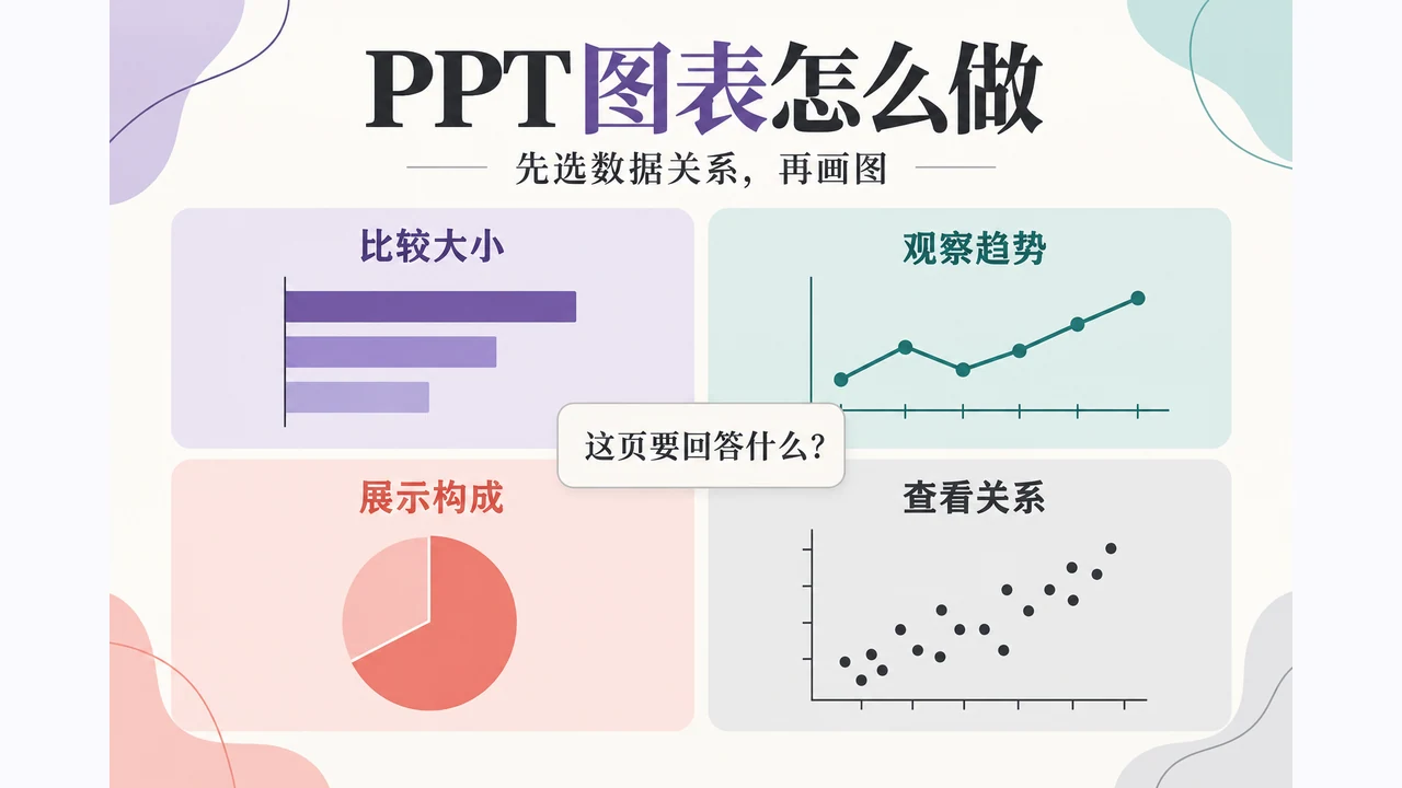 条形图比较大小、折线图观察趋势、饼图展示构成、散点图查看关系