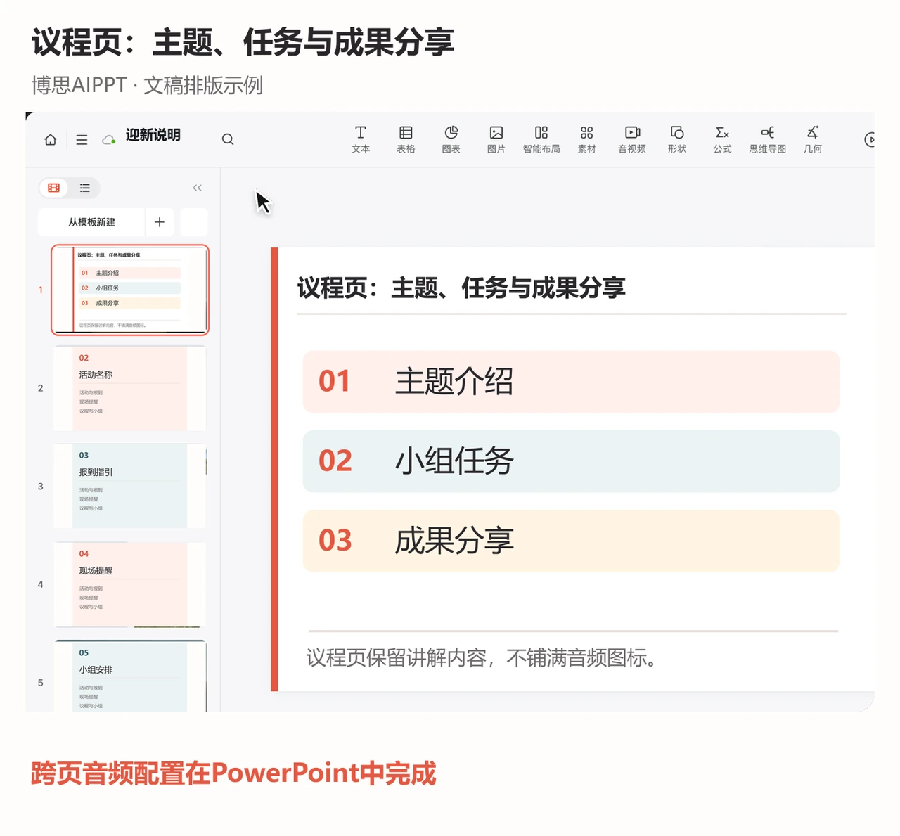 议程页与讲解环节的声音安排