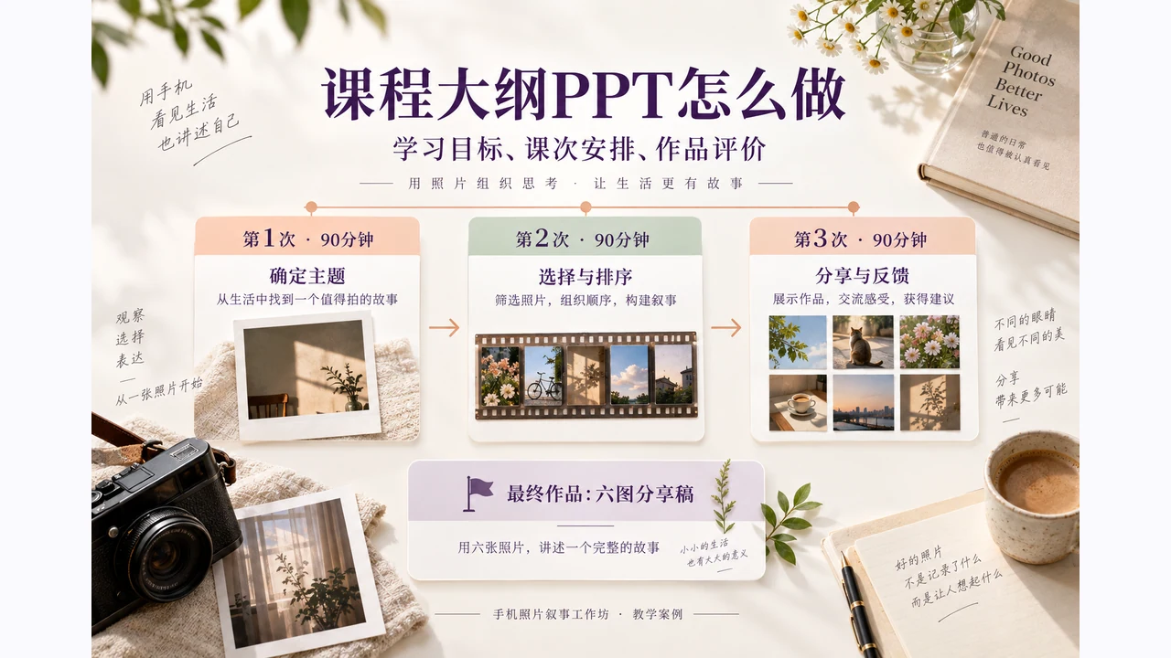 手机摄影课程大纲分三次90分钟教学,依次确定主题、排列照片、分享反馈