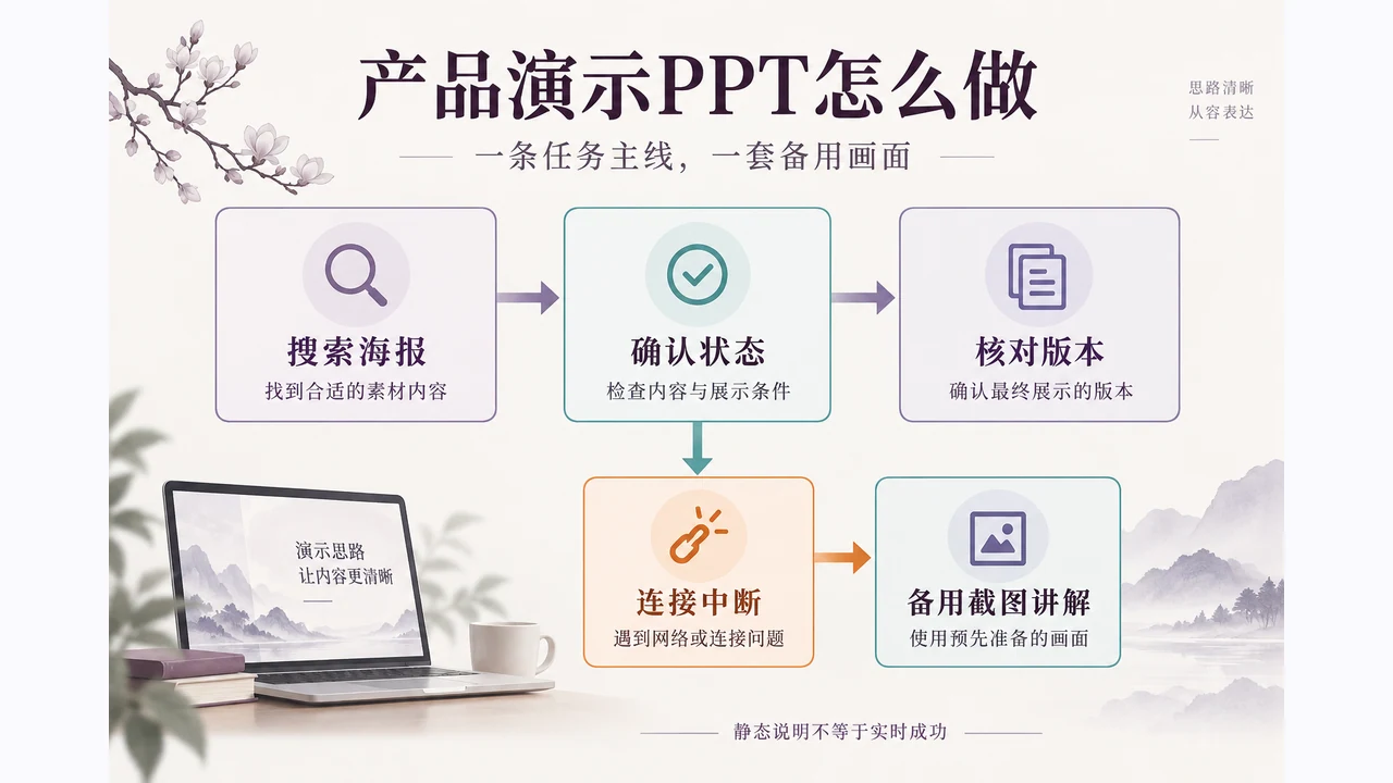 产品演示沿搜索、状态辨别、版本确认推进，连接中断时切到备用截图讲解