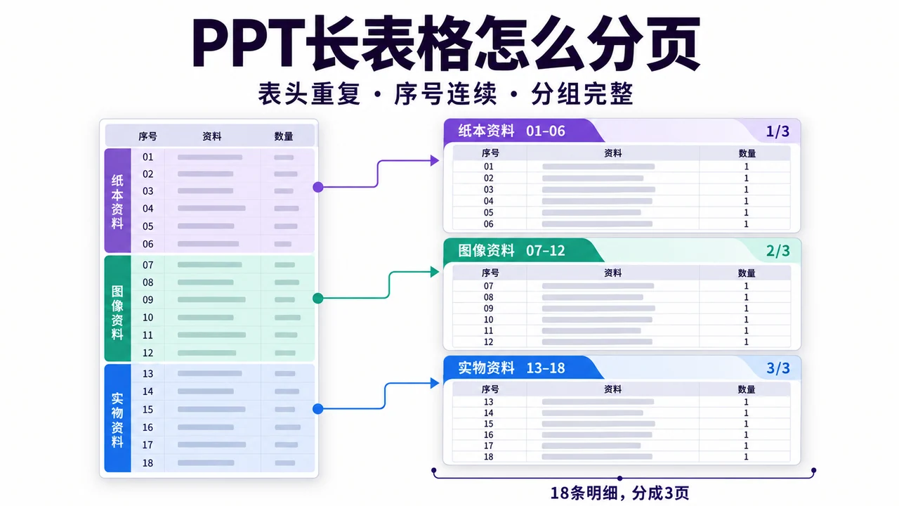 18条长表格按三组拆成各含六行的连续明细页