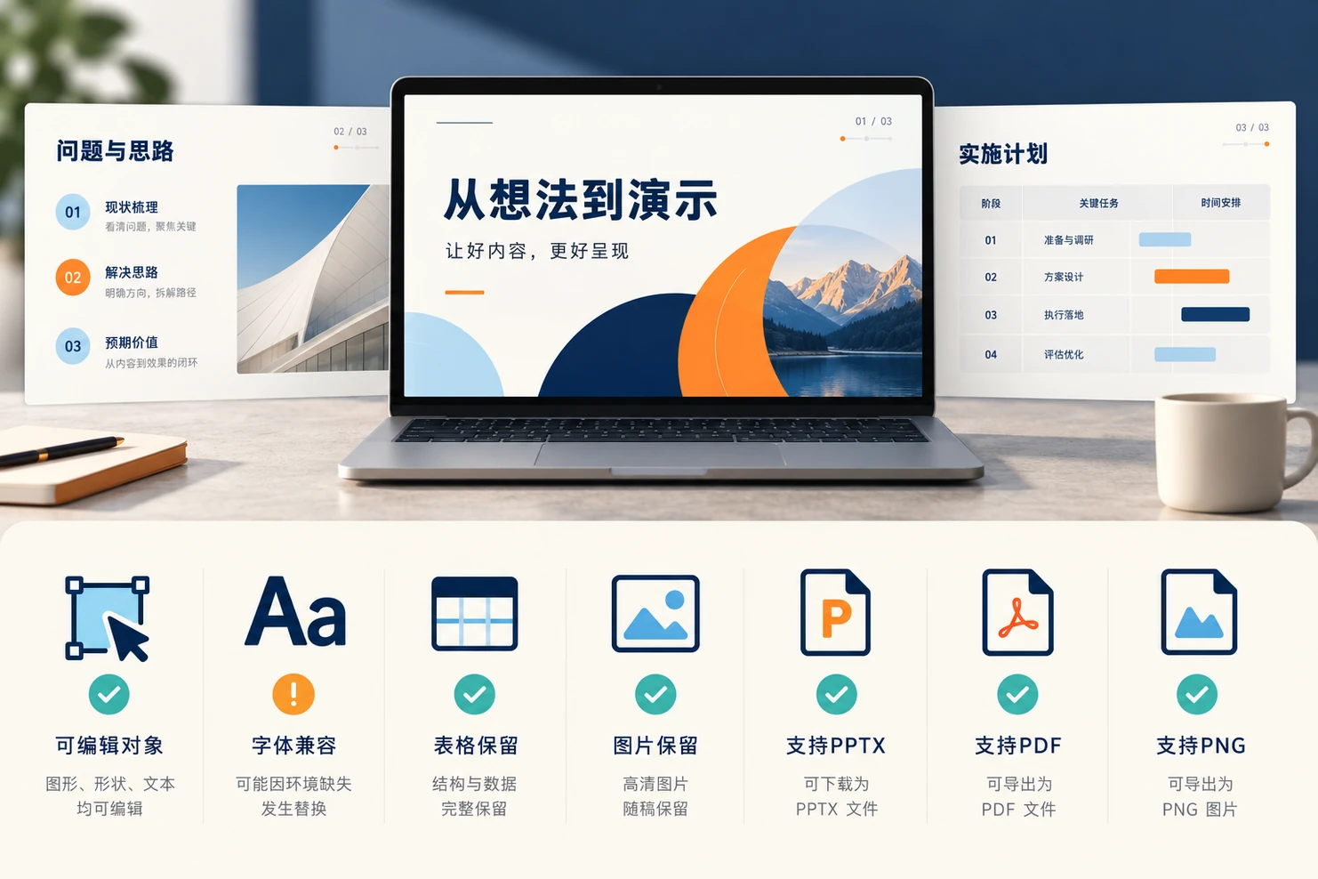 AI生成PPT交付检查：可编辑对象、字体、表格、图片与PPTX PDF PNG文件