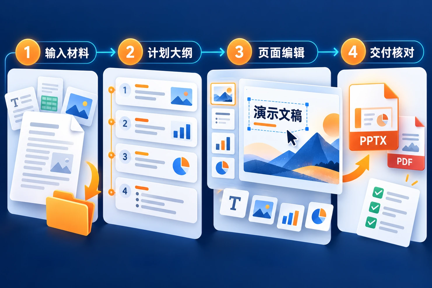 生成PPT的Agent四步流程：输入材料、计划大纲、页面编辑、交付核对