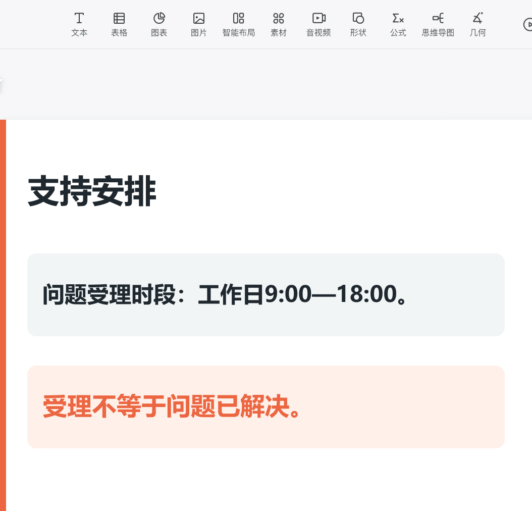 PPTGO编辑器中的支持安排页，保留工作日9:00至18:00的受理时段和受理不等于解决的原句