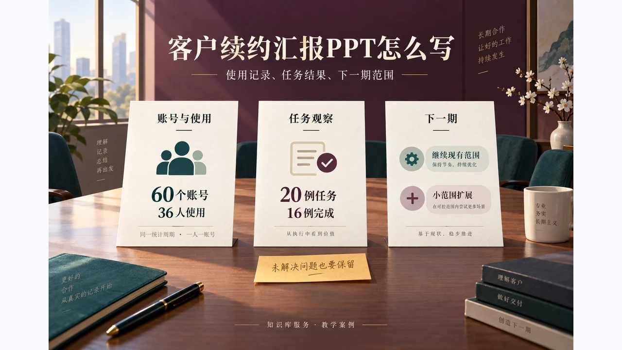 续约教学案例分开呈现60个账号中36人使用、20例任务中16例完成及下一期范围选项