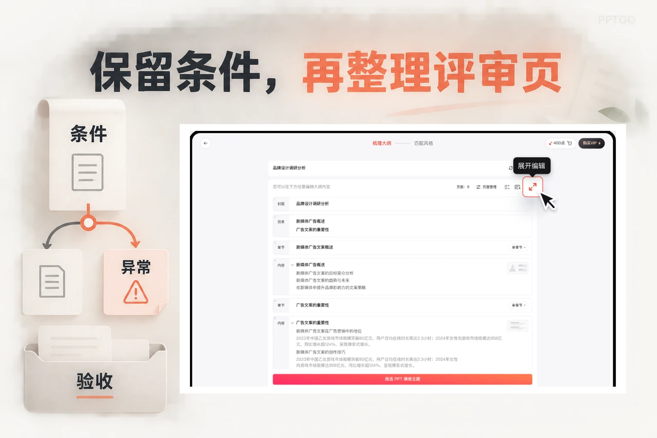 博思AIPPT大纲编辑示例与需求条件、异常路径和验收信息的对应关系