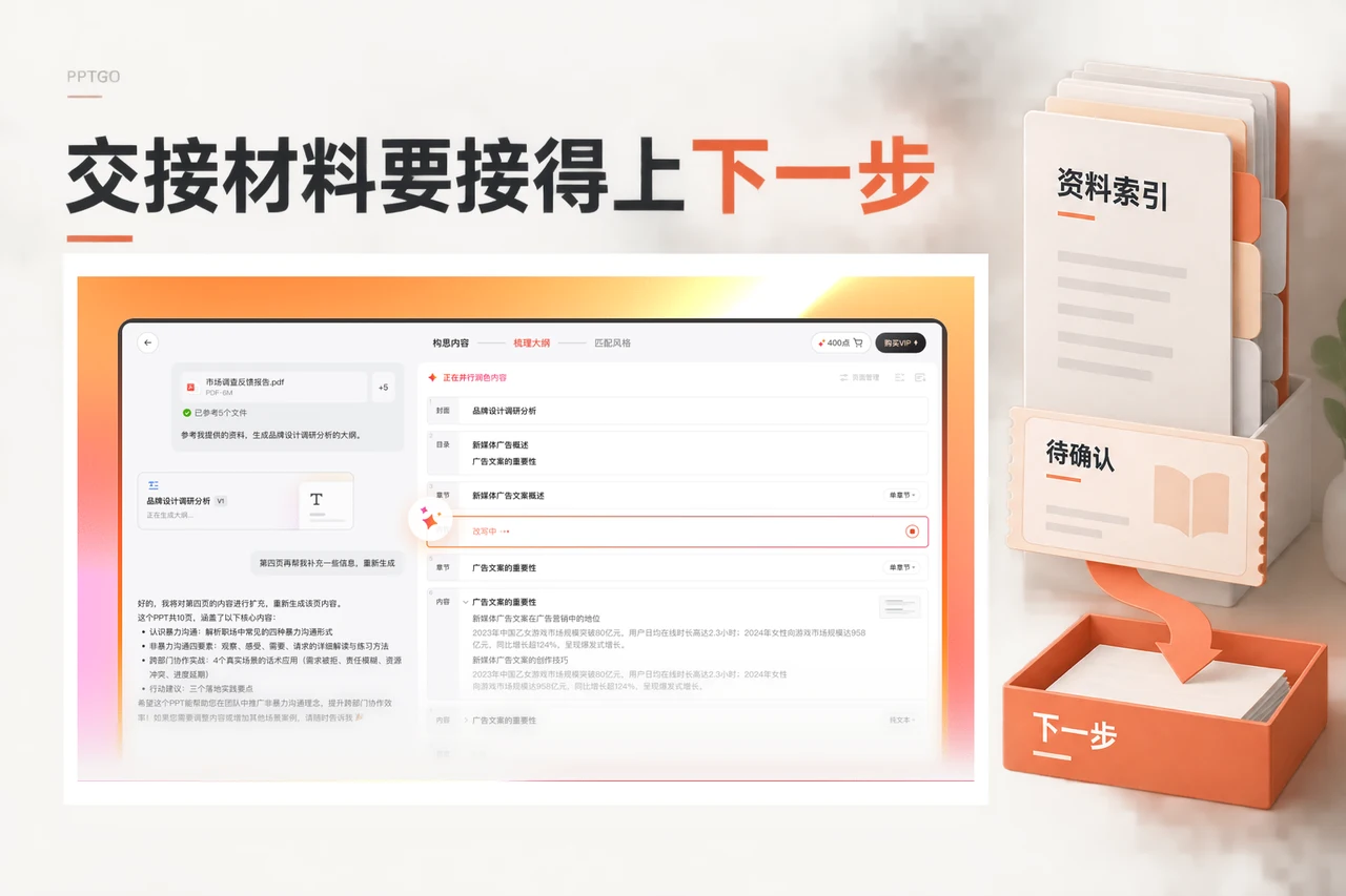 博思AIPPT文档大纲示例与交接资料索引、待确认项和后续行动